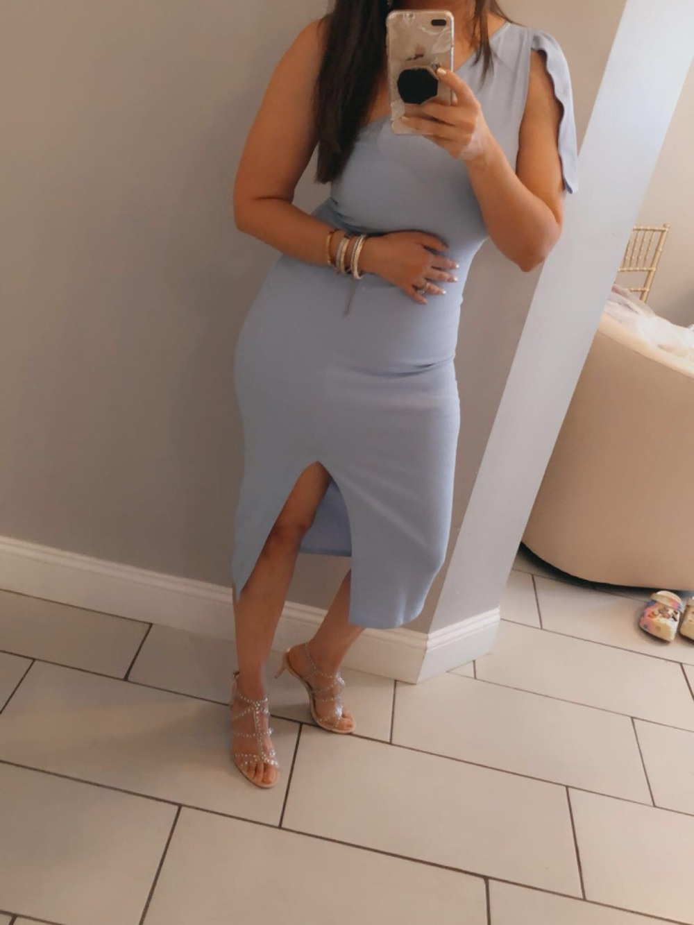 Sleeveless Light Blue Midi Dress with Front Slit